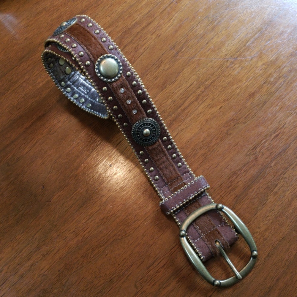 Kathy Van Zeeland Faux Calf Hair Disc Crystal Belt